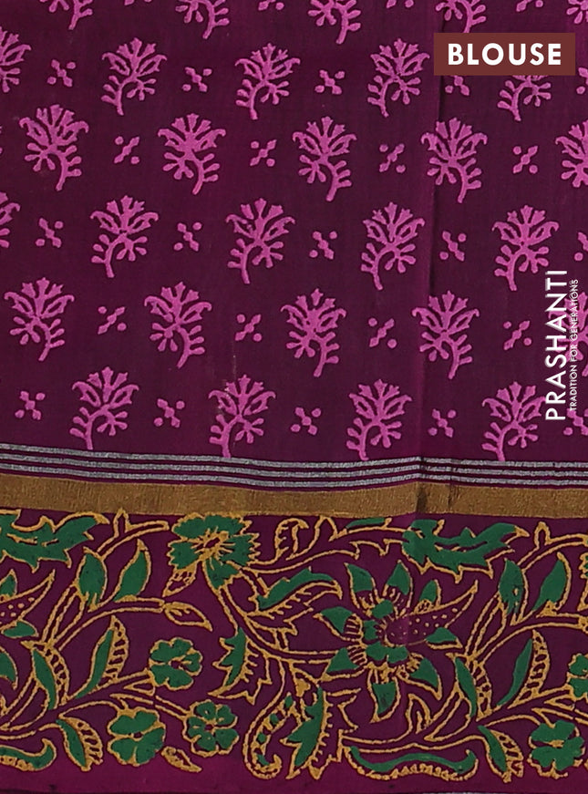 Pure uppada block printed silk saree green and purple with floral butta prints and zari woven printed border