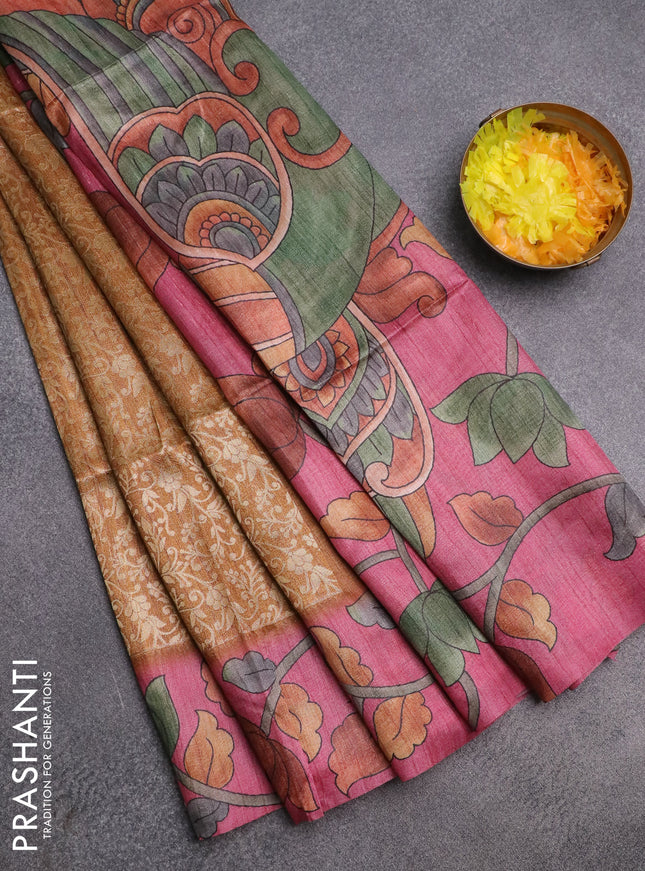 Semi jute silk saree dark mustard and pink with allover zari woven brocade weaves and kalamkari printed pallu