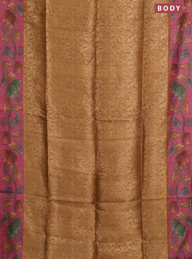 Semi jute silk saree dark mustard and pink with allover zari woven brocade weaves and kalamkari printed pallu