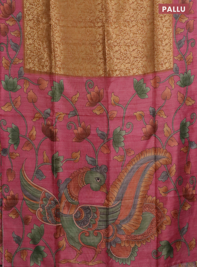 Semi jute silk saree dark mustard and pink with allover zari woven brocade weaves and kalamkari printed pallu
