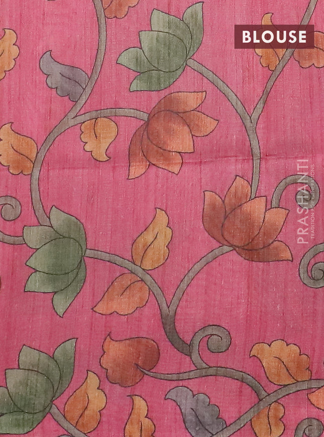 Semi jute silk saree dark mustard and pink with allover zari woven brocade weaves and kalamkari printed pallu