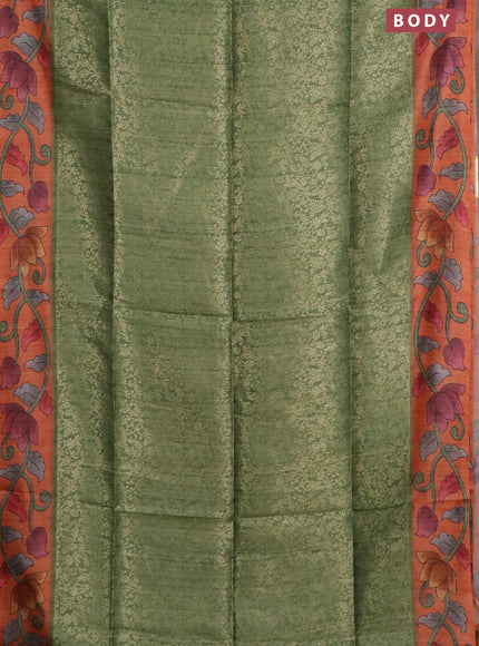 Semi jute silk saree green and orange with allover zari woven brocade weaves and kalamkari printed pallu