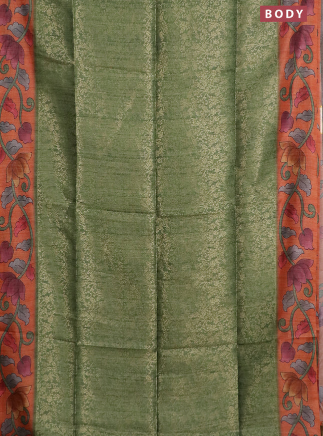 Semi jute silk saree green and orange with allover zari woven brocade weaves and kalamkari printed pallu