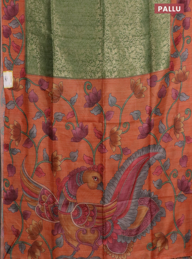 Semi jute silk saree green and orange with allover zari woven brocade weaves and kalamkari printed pallu