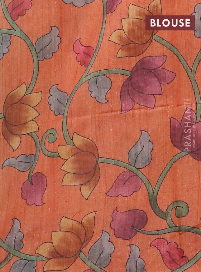 Semi jute silk saree green and orange with allover zari woven brocade weaves and kalamkari printed pallu