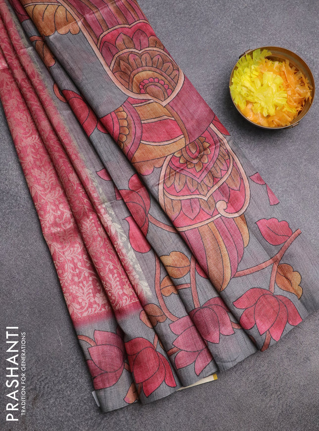 Semi jute silk saree maroon shade and grey with allover zari woven brocade weaves and kalamkari printed pallu