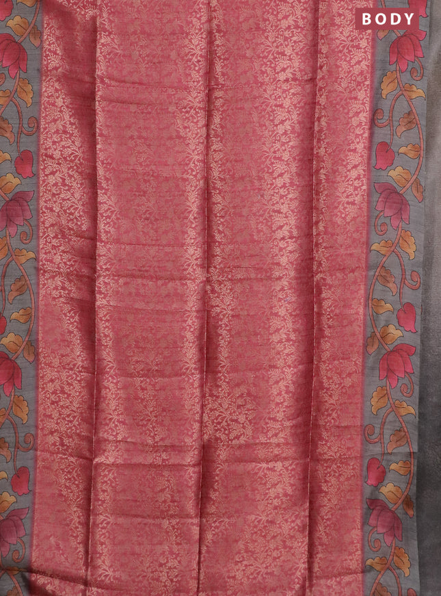 Semi jute silk saree maroon shade and grey with allover zari woven brocade weaves and kalamkari printed pallu