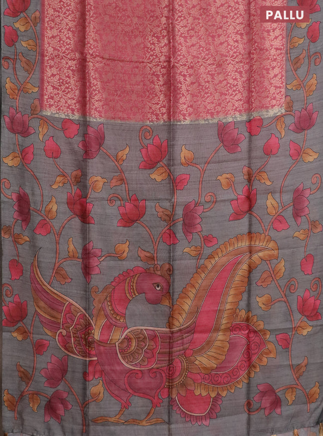 Semi jute silk saree maroon shade and grey with allover zari woven brocade weaves and kalamkari printed pallu