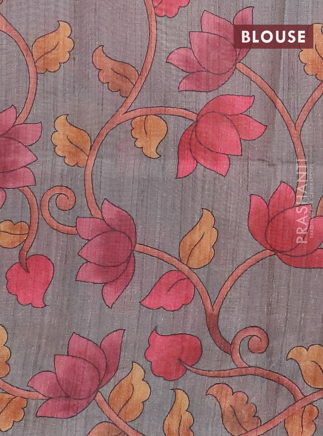 Semi jute silk saree maroon shade and grey with allover zari woven brocade weaves and kalamkari printed pallu