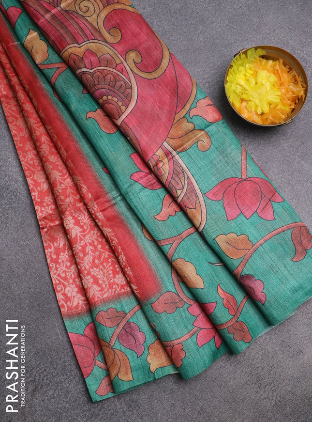 Semi jute silk saree maroon and teal green with allover zari woven brocade weaves and kalamkari printed pallu