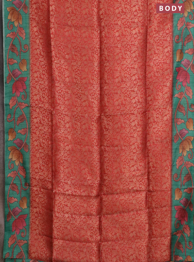 Semi jute silk saree maroon and teal green with allover zari woven brocade weaves and kalamkari printed pallu
