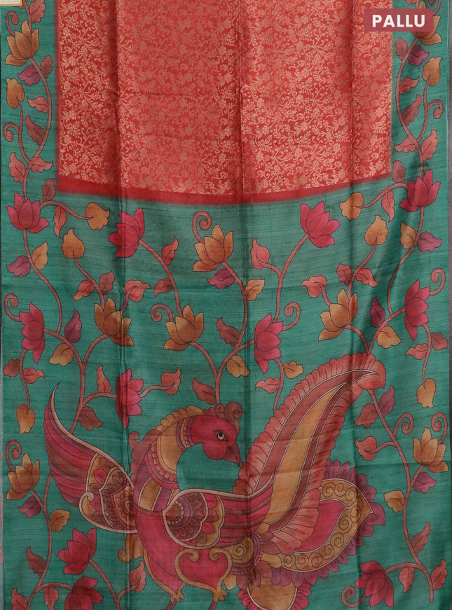 Semi jute silk saree maroon and teal green with allover zari woven brocade weaves and kalamkari printed pallu
