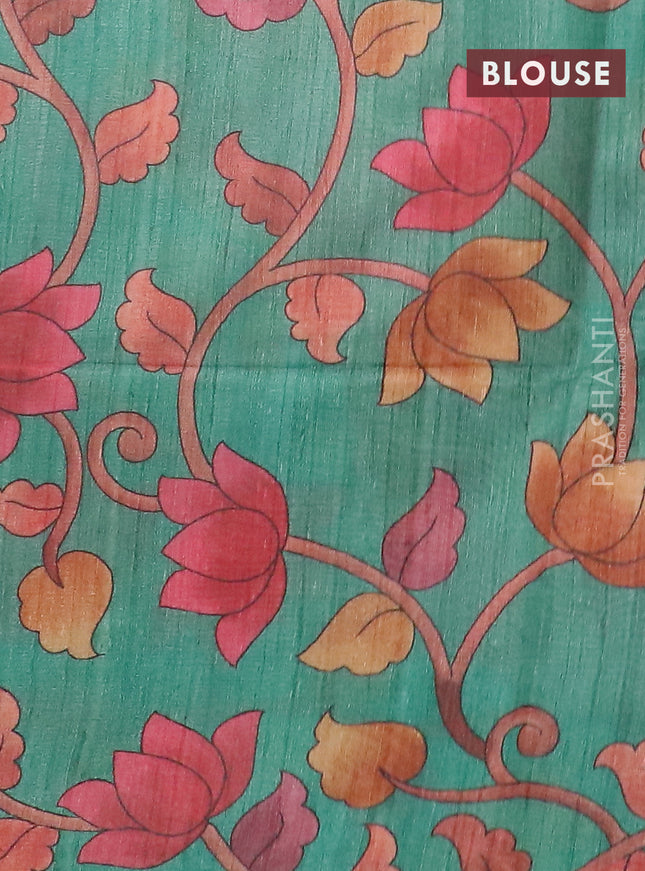 Semi jute silk saree maroon and teal green with allover zari woven brocade weaves and kalamkari printed pallu