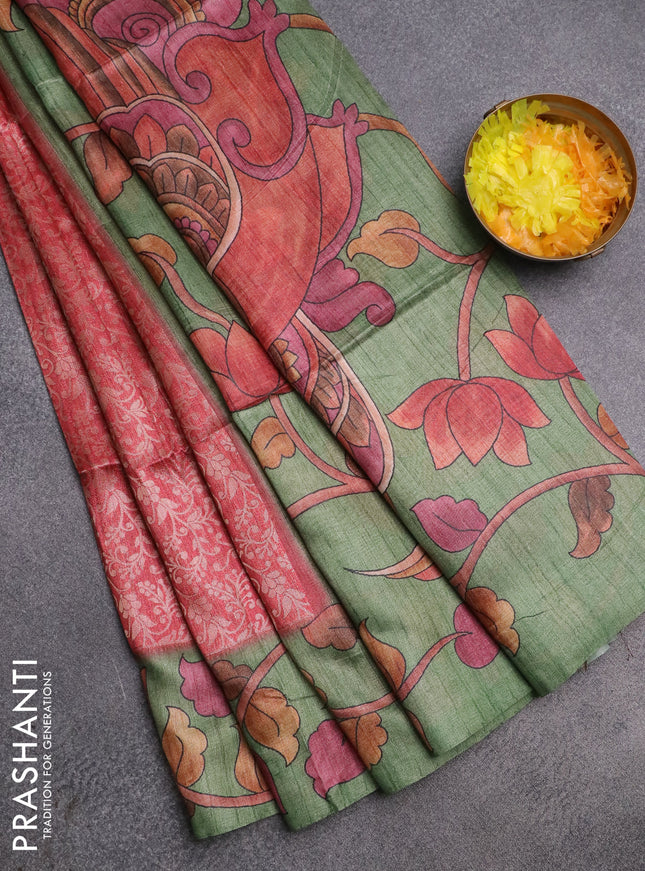 Semi jute silk saree maroon and green with allover zari woven brocade weaves and kalamkari printed pallu