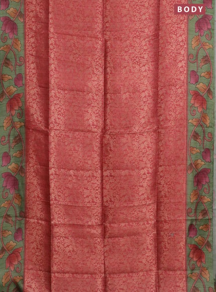 Semi jute silk saree maroon and green with allover zari woven brocade weaves and kalamkari printed pallu
