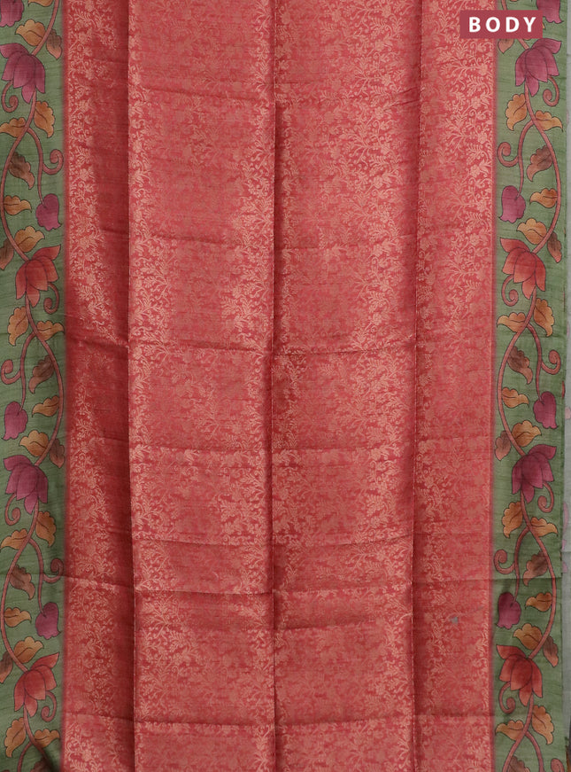 Semi jute silk saree maroon and green with allover zari woven brocade weaves and kalamkari printed pallu