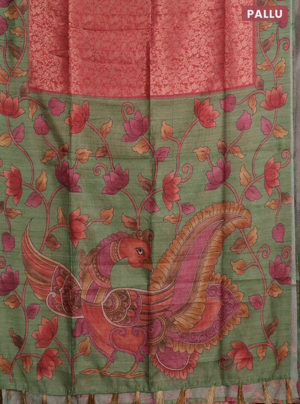 Semi jute silk saree maroon and green with allover zari woven brocade weaves and kalamkari printed pallu