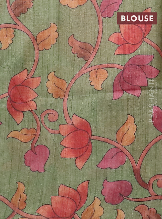 Semi jute silk saree maroon and green with allover zari woven brocade weaves and kalamkari printed pallu