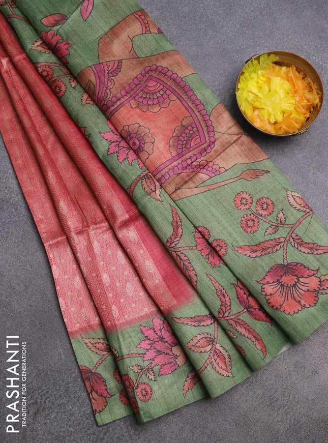 Semi jute silk saree maroon and green with allover zari woven brocade weaves and kalamkari printed pallu