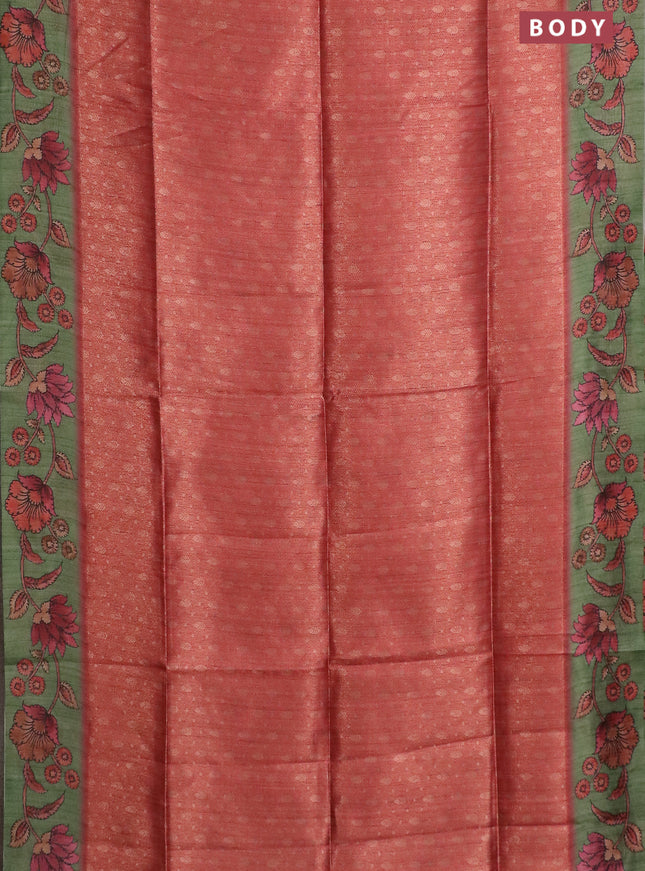 Semi jute silk saree maroon and green with allover zari woven brocade weaves and kalamkari printed pallu