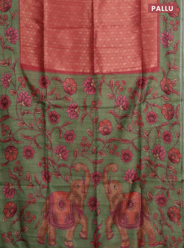 Semi jute silk saree maroon and green with allover zari woven brocade weaves and kalamkari printed pallu