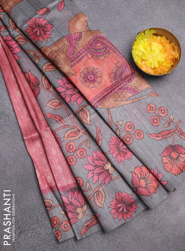 Semi jute silk saree maroon shade and grey with allover zari woven brocade weaves and kalamkari printed pallu