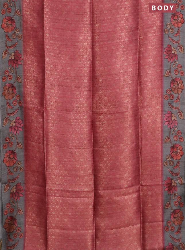 Semi jute silk saree maroon shade and grey with allover zari woven brocade weaves and kalamkari printed pallu