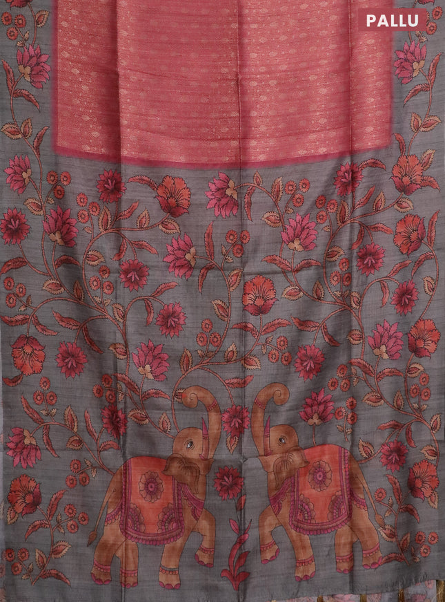 Semi jute silk saree maroon shade and grey with allover zari woven brocade weaves and kalamkari printed pallu