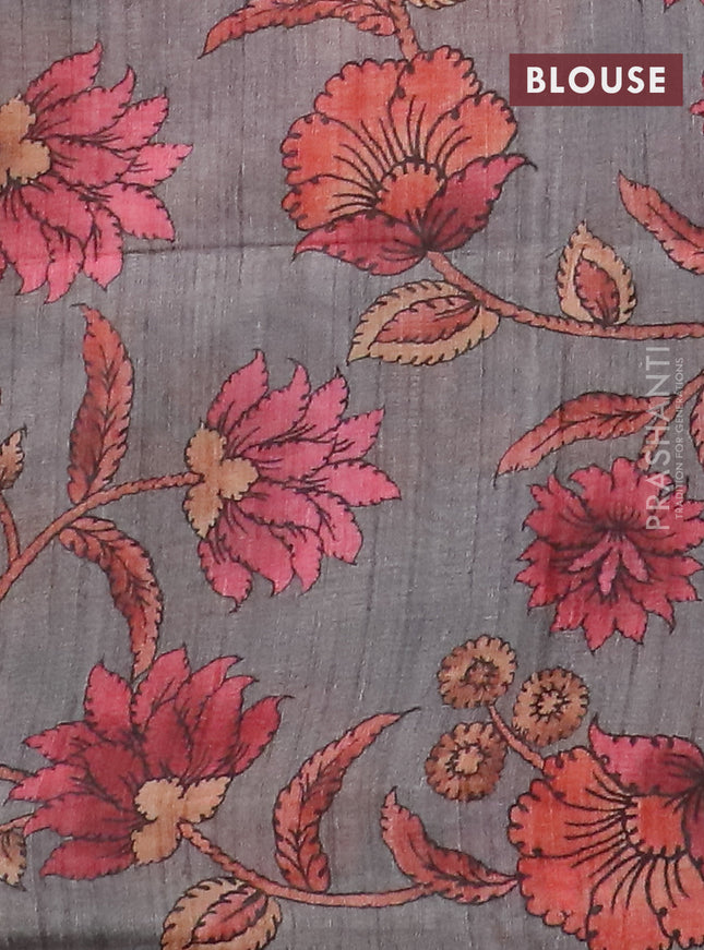 Semi jute silk saree maroon shade and grey with allover zari woven brocade weaves and kalamkari printed pallu