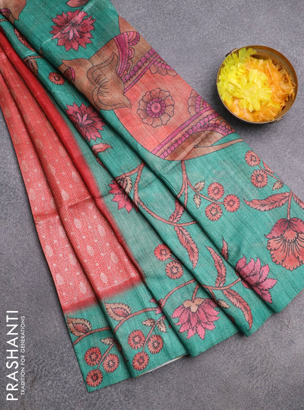 Semi jute silk saree maroon and teal green with allover zari woven brocade weaves and kalamkari printed pallu