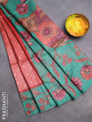 Semi jute silk saree maroon and teal green with allover zari woven brocade weaves and kalamkari printed pallu