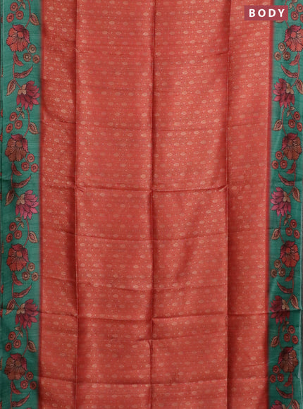 Semi jute silk saree maroon and teal green with allover zari woven brocade weaves and kalamkari printed pallu