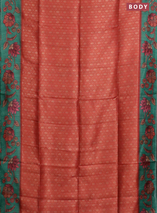 Semi jute silk saree maroon and teal green with allover zari woven brocade weaves and kalamkari printed pallu