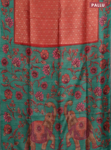Semi jute silk saree maroon and teal green with allover zari woven brocade weaves and kalamkari printed pallu
