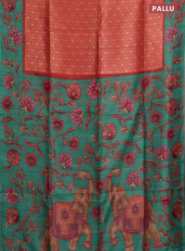 Semi jute silk saree maroon and teal green with allover zari woven brocade weaves and kalamkari printed pallu