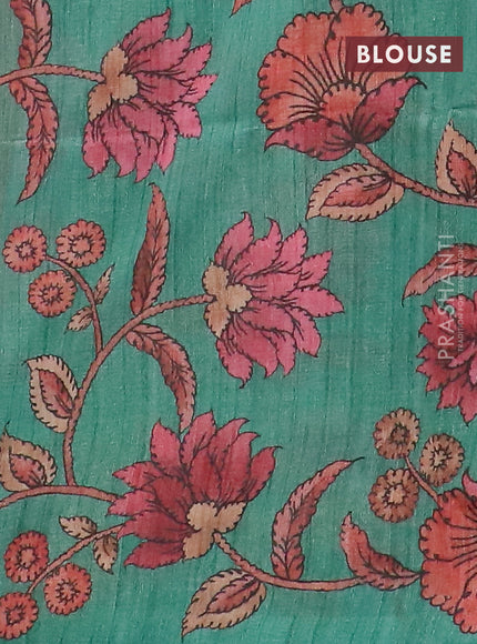 Semi jute silk saree maroon and teal green with allover zari woven brocade weaves and kalamkari printed pallu