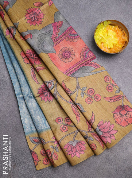 Semi jute silk saree bluish grey and mustard yellow with allover zari woven brocade weaves and kalamkari printed pallu