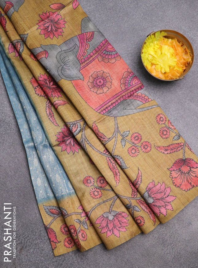 Semi jute silk saree bluish grey and mustard yellow with allover zari woven brocade weaves and kalamkari printed pallu