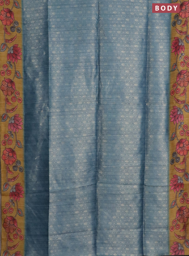 Semi jute silk saree bluish grey and mustard yellow with allover zari woven brocade weaves and kalamkari printed pallu