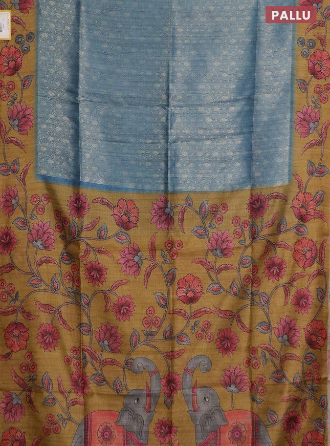Semi jute silk saree bluish grey and mustard yellow with allover zari woven brocade weaves and kalamkari printed pallu