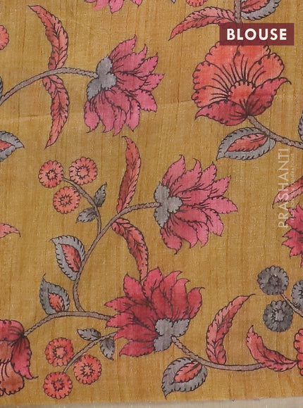 Semi jute silk saree bluish grey and mustard yellow with allover zari woven brocade weaves and kalamkari printed pallu