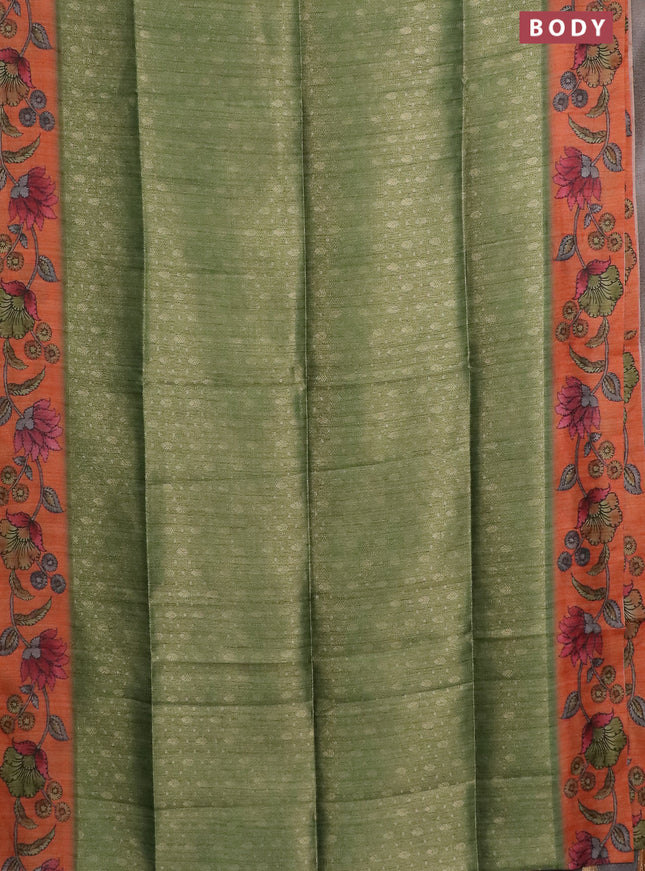 Semi jute silk saree green and orange with allover zari woven brocade weaves and kalamkari printed pallu