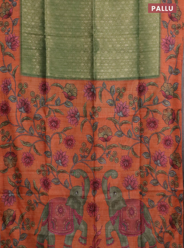 Semi jute silk saree green and orange with allover zari woven brocade weaves and kalamkari printed pallu