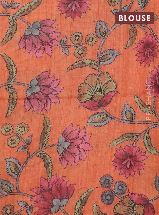 Semi jute silk saree green and orange with allover zari woven brocade weaves and kalamkari printed pallu