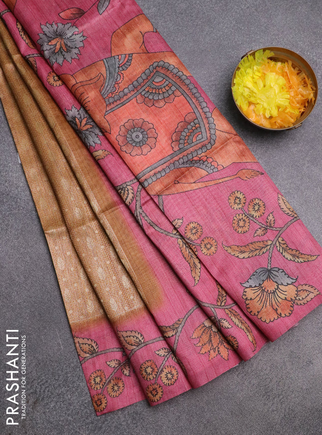 Semi jute silk saree dark mustard and pink with allover zari woven brocade weaves and kalamkari printed pallu