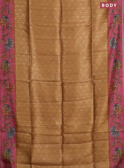Semi jute silk saree dark mustard and pink with allover zari woven brocade weaves and kalamkari printed pallu