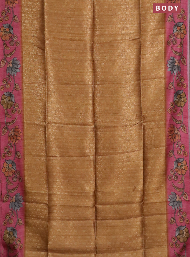 Semi jute silk saree dark mustard and pink with allover zari woven brocade weaves and kalamkari printed pallu