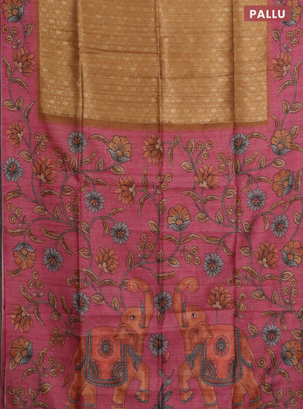 Semi jute silk saree dark mustard and pink with allover zari woven brocade weaves and kalamkari printed pallu
