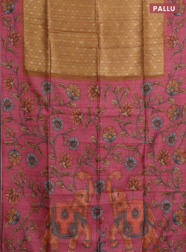 Semi jute silk saree dark mustard and pink with allover zari woven brocade weaves and kalamkari printed pallu
