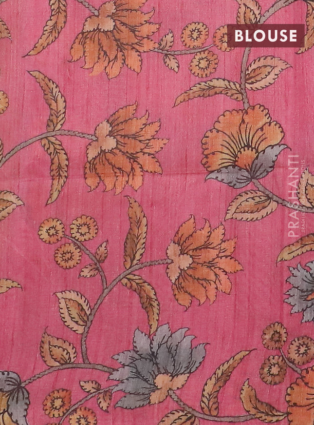 Semi jute silk saree dark mustard and pink with allover zari woven brocade weaves and kalamkari printed pallu